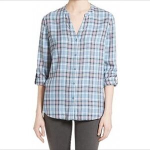 Soft Joie Blue Dane Plaid Print Top Women's V Neck Shirt Button Down Fall